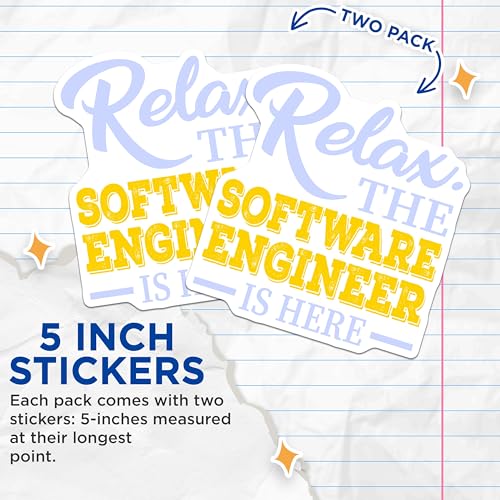 (2 Pack) Relax The Software Engineer is Here Stickers - Funny Tech Stickers - Programmer Stickers - 5" On Longest Side - Sticks to Smooth Flat Surfaces - Made in USA - BMCS5281