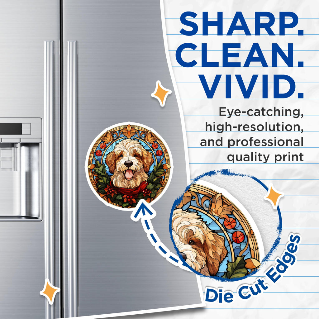 (2 Pack) Golden Doodle Magnets - Stained Glass Puppy - Christmas Holiday Decor - Dog Lover Accents - Festive Canine Art - 5 Inches On Longest Side - Thick Durable Magnet - Made in USA - MAG24647