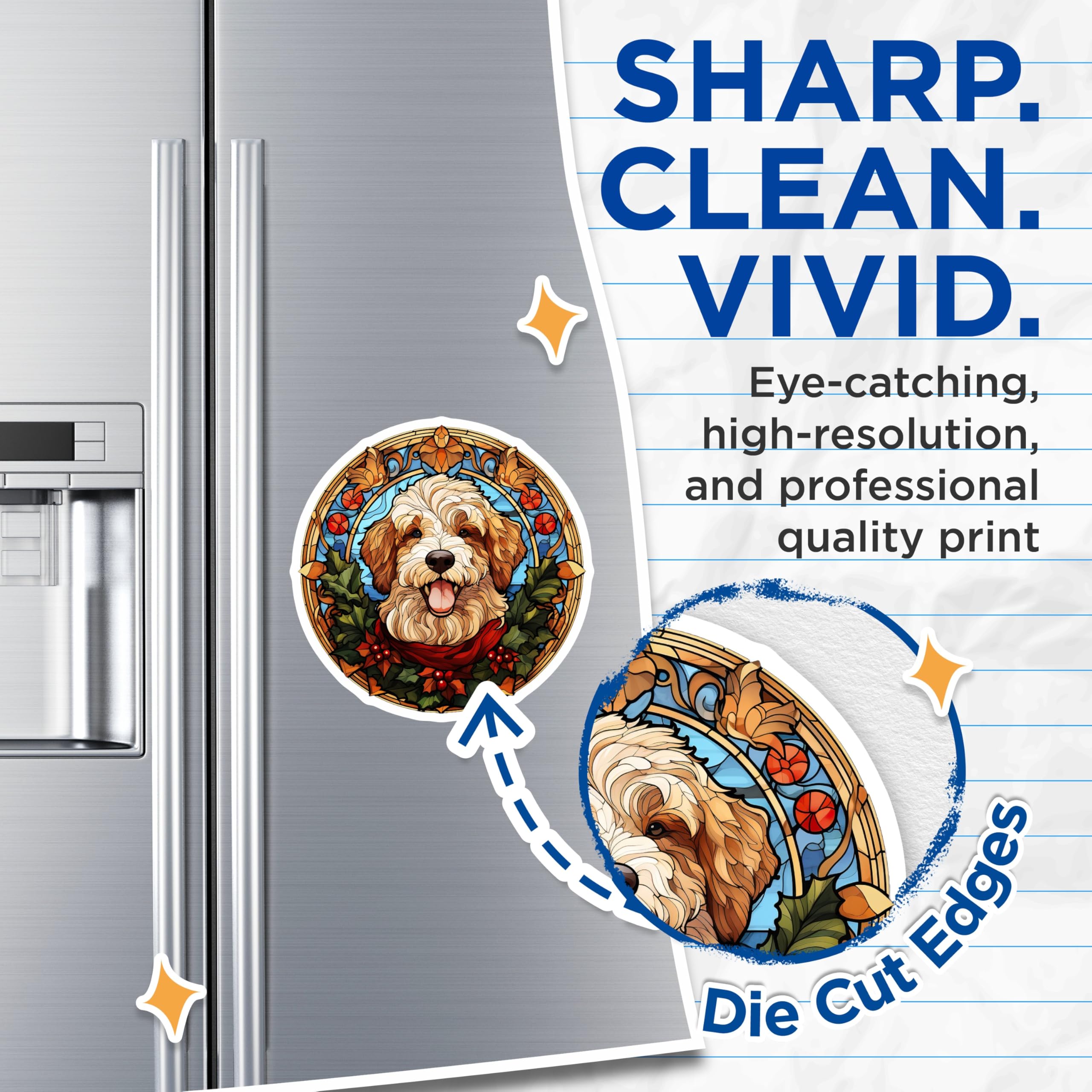 (2 Pack) Golden Doodle Magnets - Stained Glass Puppy - Christmas Holiday Decor - Dog Lover Accents - Festive Canine Art - 5 Inches On Longest Side - Thick Durable Magnet - Made in USA - MAG24647