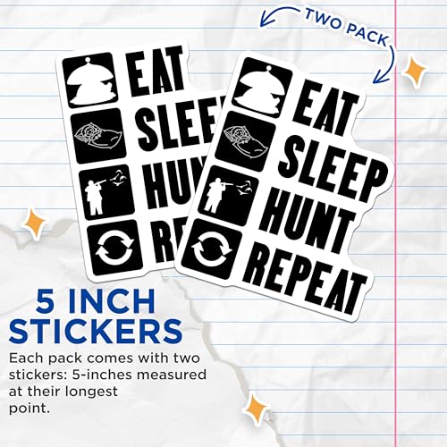 (2 Pack) Eat Sleep Hunt Repeat Stickers - Funny Hunter Stickers - Outdoor Lifestyle Decal - 5" On Longest Side - Sticks to Smooth Flat Surfaces - Made in USA - BMCS4856