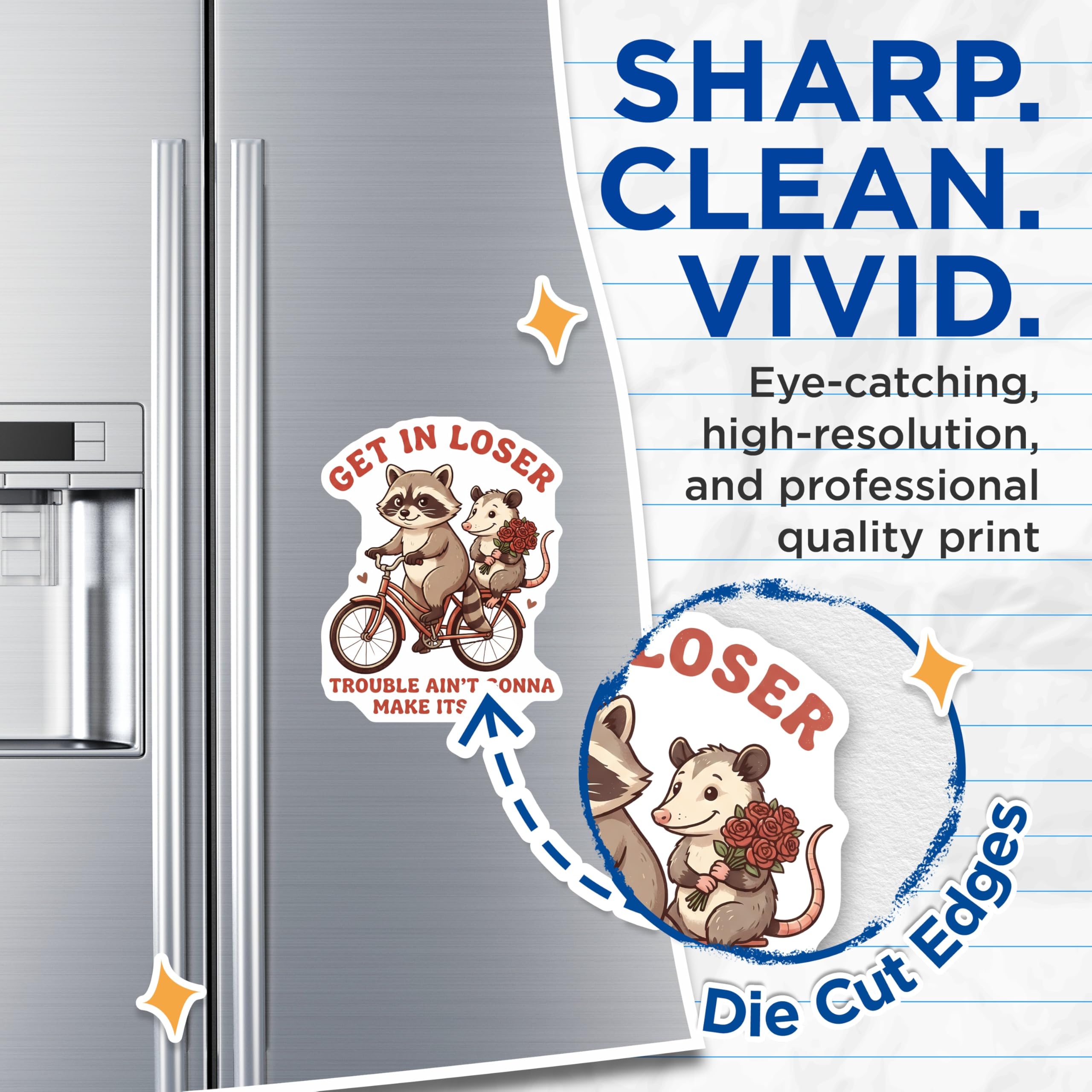 (2 Pack) Funny Animal Magnets - Raccoon Opossum on Bike - Trouble Maker Novelty Magnets - 5" On Longest Side - Premium Magnet - for Cars, Refrigerators, Toolboxes, Lockers - Made in USA - MAG16532
