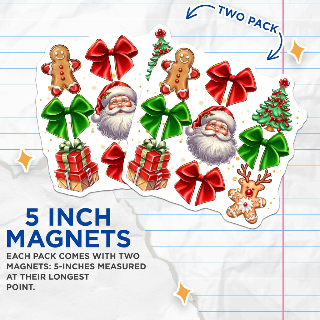 (2 Pack) Christmas Magnets - Holiday Decor Refrigerator Decor Santa Gingerbread Reindeer - Festive Kitchen Locker Magnets - 5 Inches On Longest Side - Thick Durable Magnet - Made in USA - MAG26186