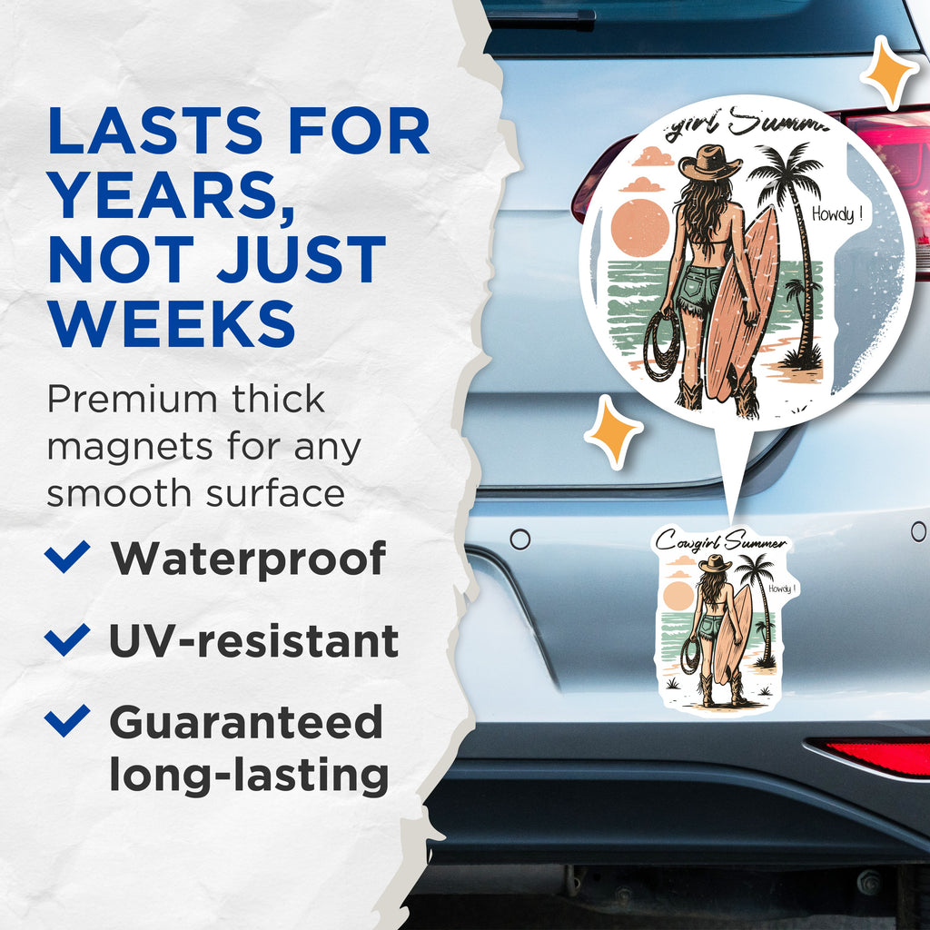 (2 Pack) Cowgirl Summer Magnets - Beachy Western Decor - Surf Girl Howdy Vibe - 5 Inches On Longest Side - Thick Durable Magnet - Made in USA - MAG36695