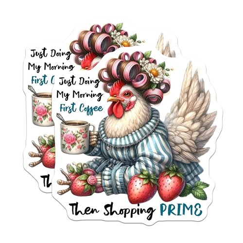 (2 Pack) Morning Coffee Rooster Stickers - Funny Chicken Stickers - Shopping Prime Humor Stickers - 5" On Longest Side - Sticks to Smooth Flat Surfaces - Made in USA - BMCS4507