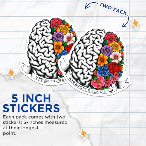 (2 Pack) Your Anxiety is A Lying Stickers - Mental Health - Brain Design for Laptops - Floral Art - 5" On Longest Side - Sticks to Smooth Flat Surfaces - Made in USA - BMCS8252