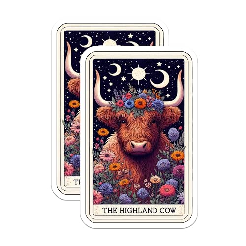 (2 Pack) Highland Cow Stickers - Moon and Stars Cow - Floral Design - Unique Cow - 5" On Longest Side - Sticks to Smooth Flat Surfaces - Made in USA - BMCS5433