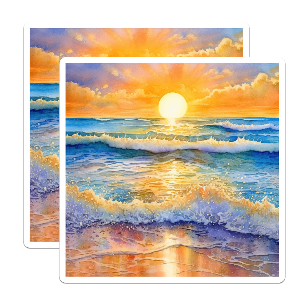 (2 Pack) Ocean Sunset Magnets - Watercolor Waves Art - Coastal Beach Fridge Decor - 5 Inches On Longest Side - Thick Durable Magnet - Made in USA - MAG23972