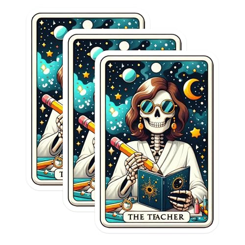 (3 Pack) Teacher Tarot Card Decals - Skeleton Educator - Halloween Stickers - 3 Inches On Longest Side - Easy Peel & Apply - Made in USA - 3MCS4276