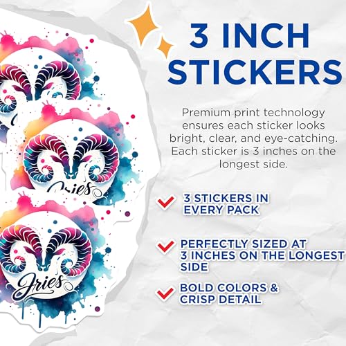(3 Pack) Aries Zodiac Decals - Watercolor Art - Astrology Sign Decals- 3 Inches On Longest Side - Easy Peel & Apply - Made in USA - 3MCS5891