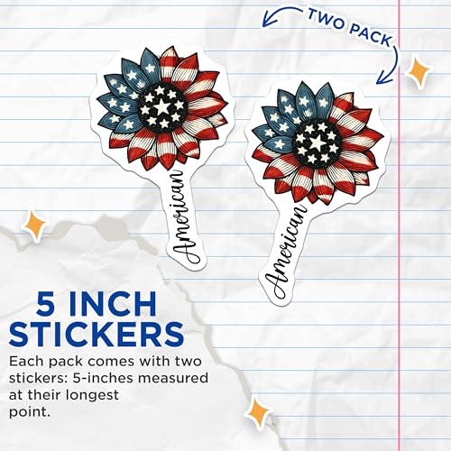 (2 Pack) American Flag Flower Stickers - Patriotic Sunflower - USA Flag Decal - 5" On Longest Side - Sticks to Smooth Flat Surfaces - Made in USA - BMCS7870