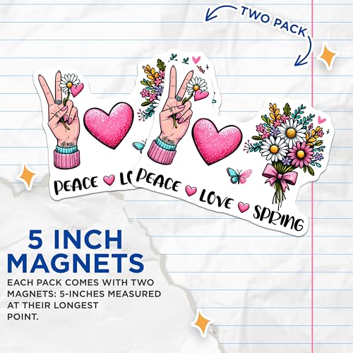 (2 Pack) Peace Love Spring Magnets - Floral Bouquet - Hand Sign Art - 5" On Longest Side - for Cars, Fridges, Toolboxes - Made in USA - MAG8012