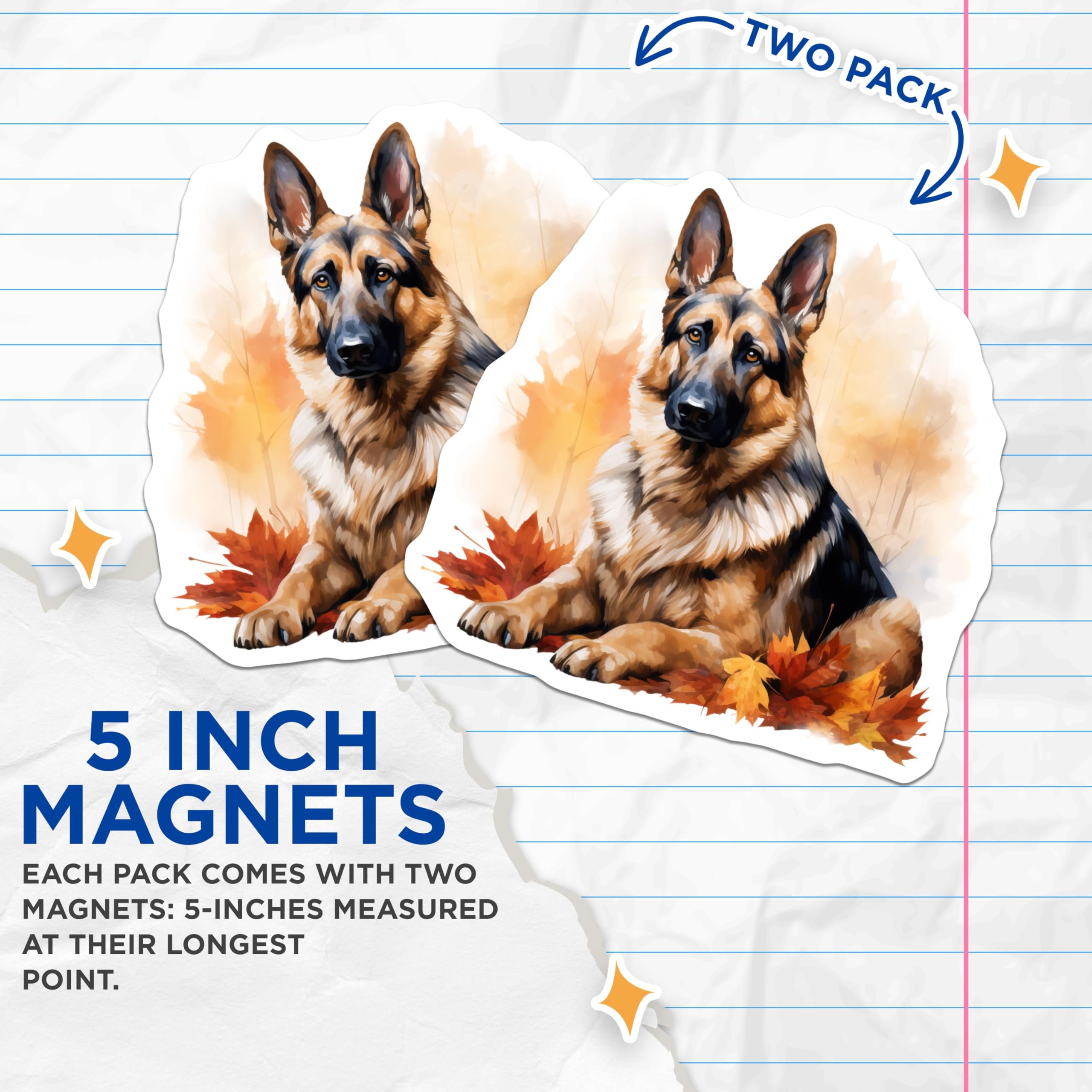 (2 Pack) German Shepherd Magnets - Autumn Dog Lover Art - Fall Decor Pet Portrait - 5 Inches On Longest Side - Thick Durable Magnet - Made in USA - MAG27415