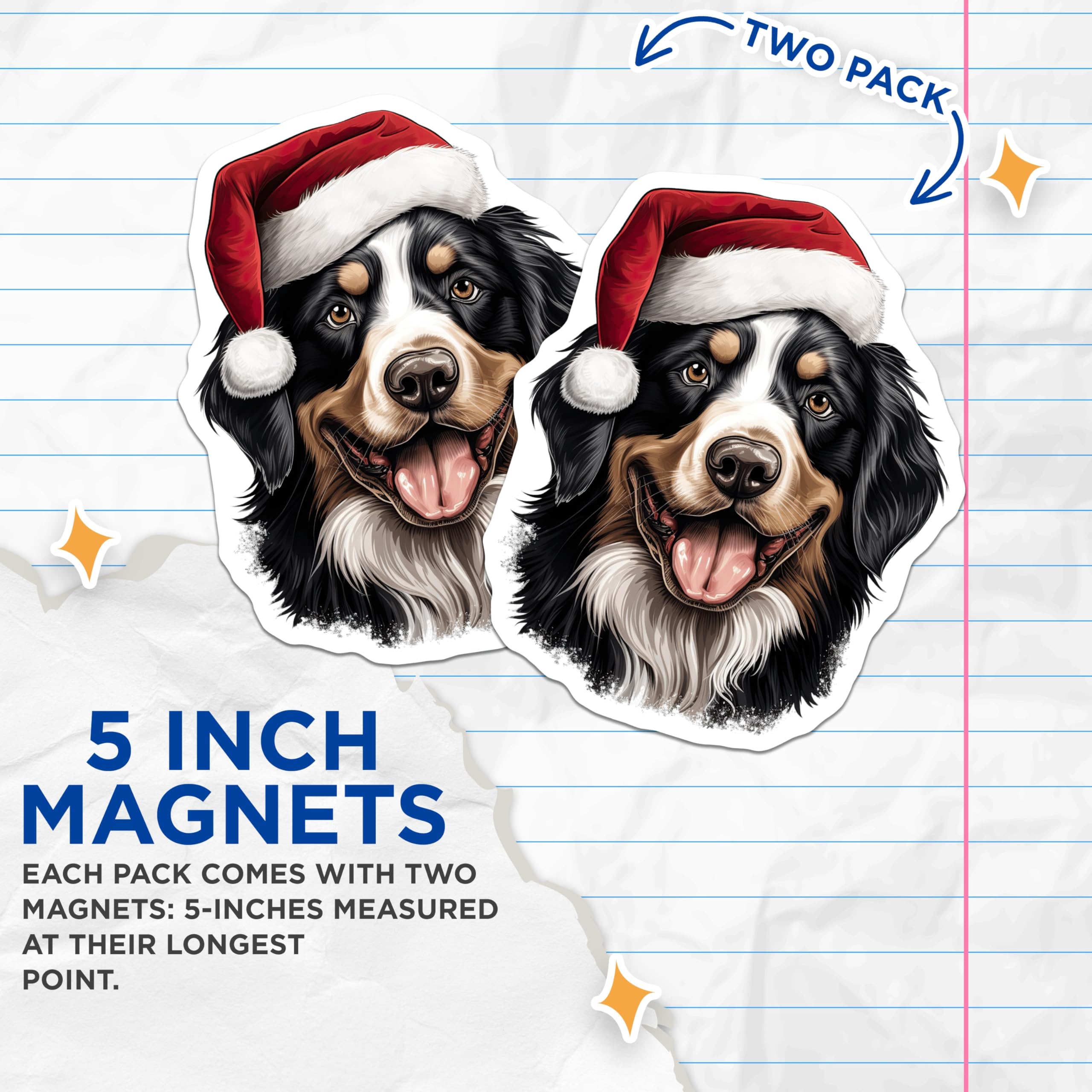 (2 Pack) Bernese Mountain Dog Magnets - Christmas Dog Decor - Santa Hat Animal Theme - 5 Inches On Longest Side - Thick Durable Magnet - Made in USA - MAG28387