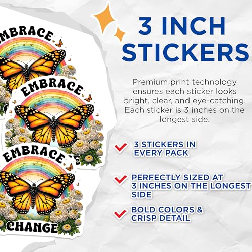 (3 Pack) Butterfly Decals - Embrace Change - Rainbow Stickers - 3 Inches On Longest Side - Easy Peel & Apply - Made in USA - 3MCS8498