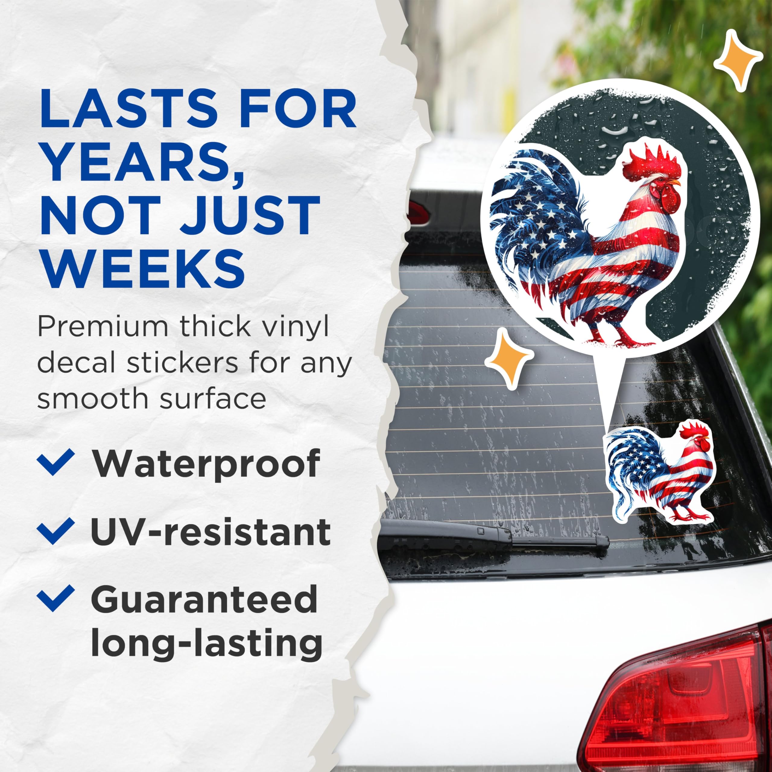 (2 Pack) Patriotic Rooster Stickers - American Flag Rooster - USA Pride Sticker - 5" On Longest Side - Sticks to Smooth Flat Surfaces - Made in USA - BMCS7085