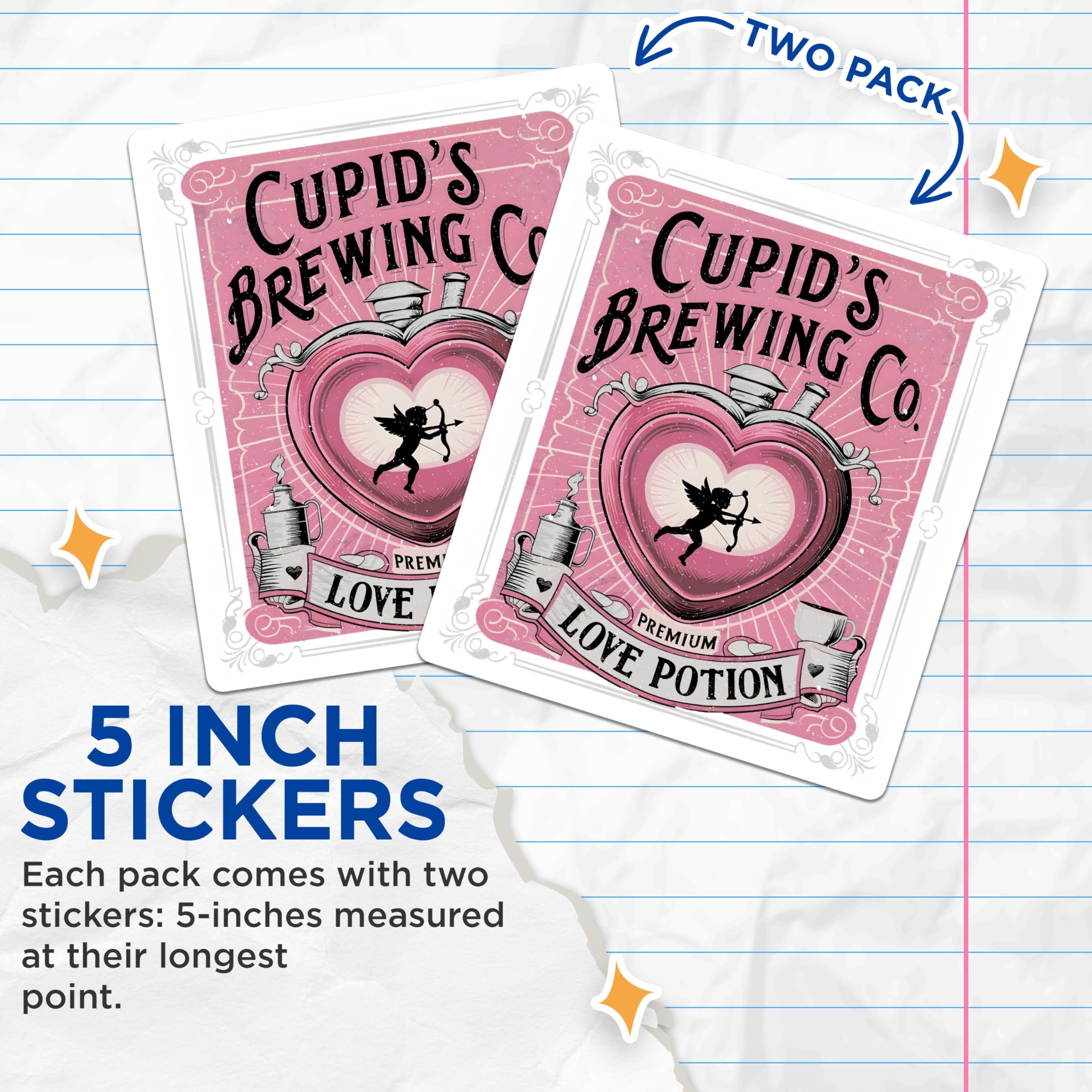 (2 Pack) Cupid's Brewing Co Stickers - Love Potion Stickers - Valentine's Day Stickers - 5" On Longest Side - Sticks to Any Smooth Flat Surface - Made in USA - BMCS3408