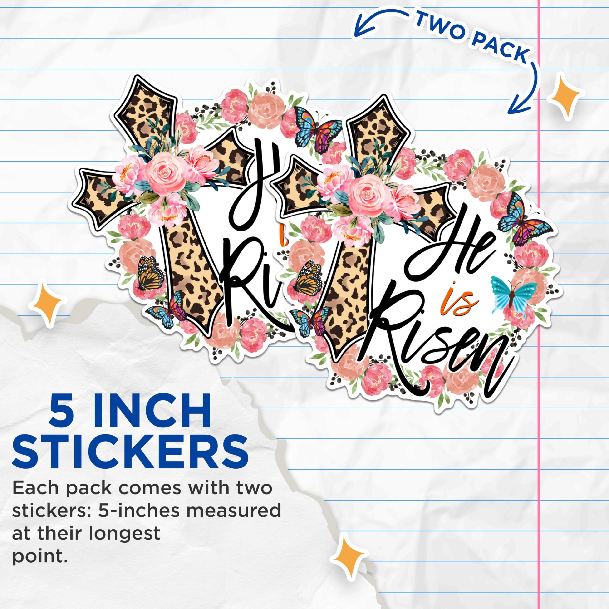 (2 Pack) Christian Faith Stickers - He is Risen Cross Stickers - Religious Inspirational Stickers - 5" On Longest Side - Sticks to Any Smooth Flat Surface - Made in USA - BMCS3031