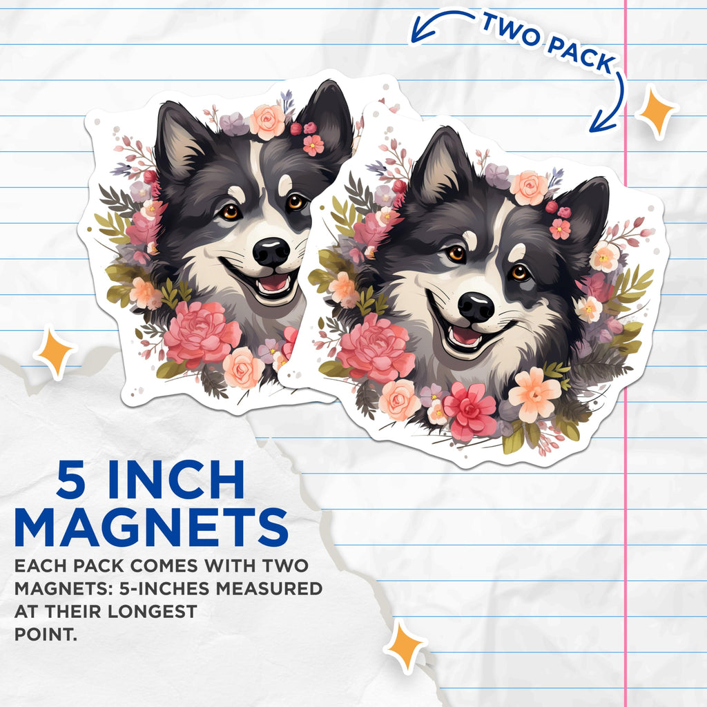 (2 Pack) Happy Siberian Husky Magnets - Floral Dog Refrigerator Decor - Cute Animal Lover Locker Magnetic Set - 5 Inches On Longest Side - Thick Durable Magnet - Made in USA - MAG24152