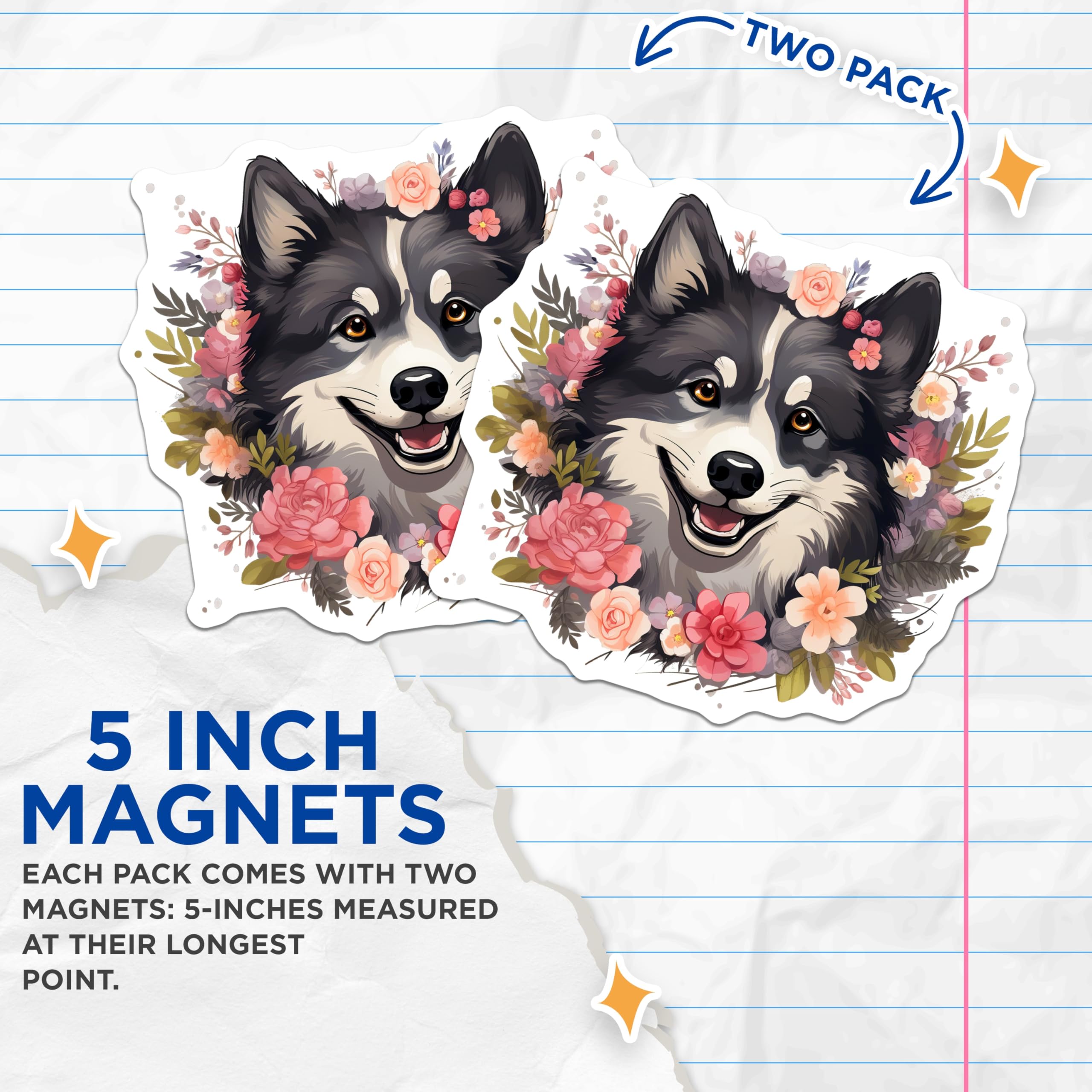 (2 Pack) Happy Siberian Husky Magnets - Floral Dog Refrigerator Decor - Cute Animal Lover Locker Magnetic Set - 5 Inches On Longest Side - Thick Durable Magnet - Made in USA - MAG24152