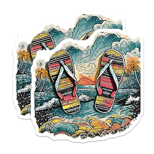 (2 Pack) Beach Flip Flop Stickers - Summer Vacation - Tropical Ocean Scene - 5" On Longest Side - Sticks to Smooth Flat Surfaces - Made in USA - BMCS9318