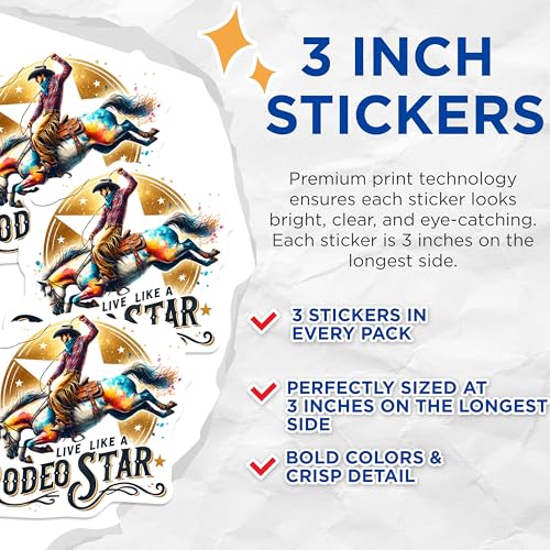 (3 Pack) Rodeo Star Decals - Cowboy Horse Rider - Western Style Laptop Decals- 3 Inches On Longest Side - Easy Peel & Apply - Made in USA - 3MCS5988