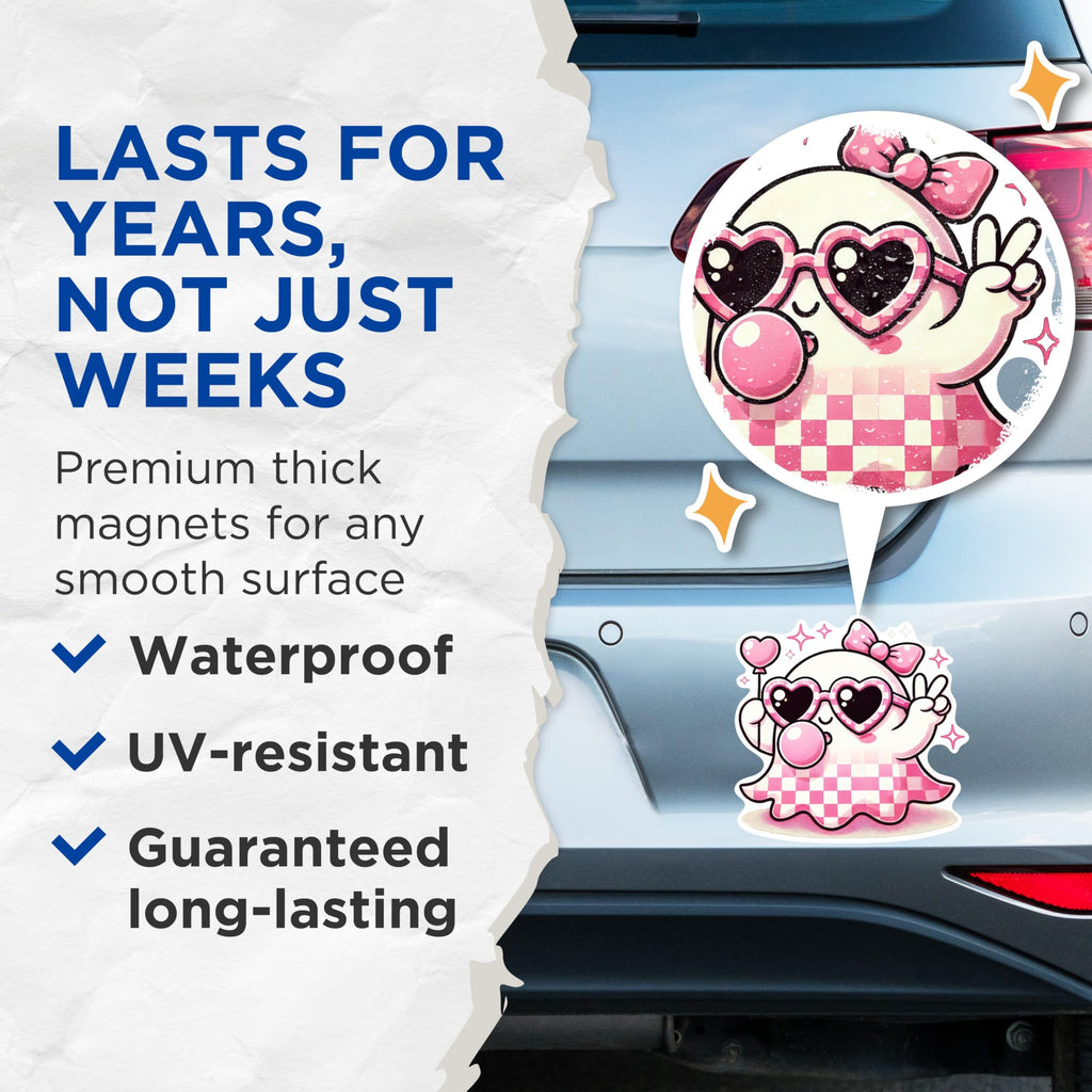 (2 Pack) Cute Pink Ghost Blowing Bubbles Magnets - 5 Inches On Longest Side - Premium Magnet - for Cars, Refrigerators, Toolboxes - Made in USA - MAG2066