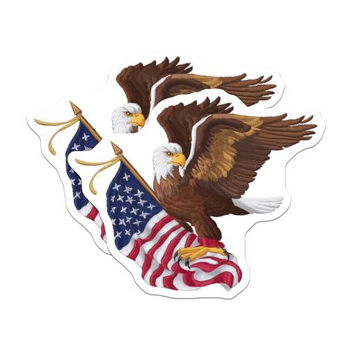 (2 Pack) Bald Eagle American Flag Stickers - Patriotic USA Stickers - Eagle Holding Flag Decal - 5" On Longest Side - Sticks to Smooth Flat Surfaces - Made in USA - BMCS7262
