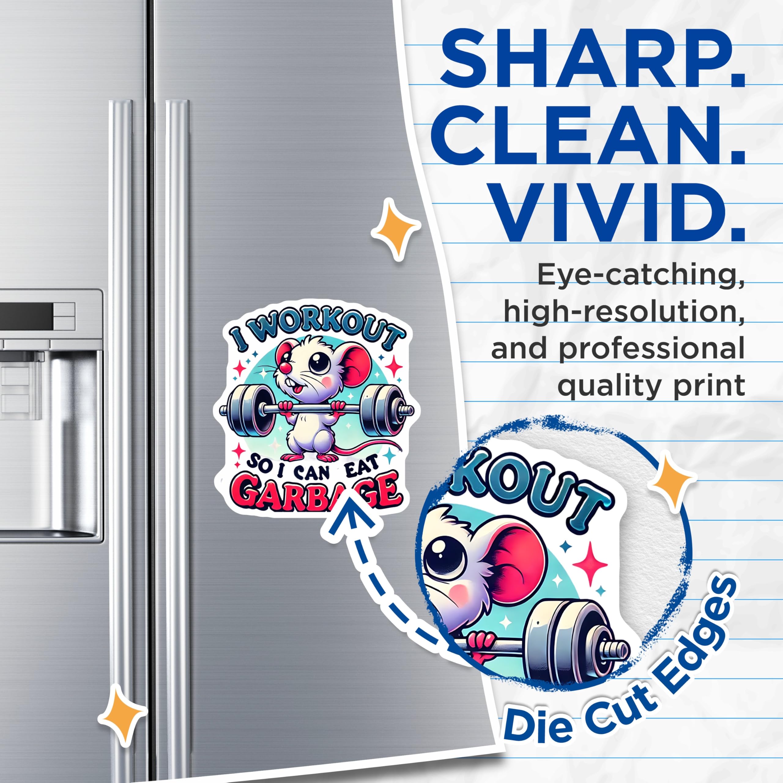 (2 Pack) Workout Mouse Magnets - Funny Fitness - Eat Garbage Novelty Decor - 5" On Longest Side - Premium Magnet - for Cars, Refrigerators, Toolboxes, Lockers - Made in USA - MAG15131