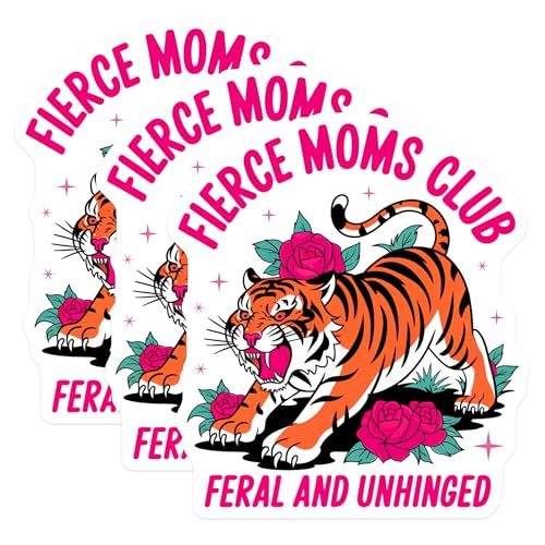 (3 Pack) Fierce Moms Club Decals - Feral and Unhinged - Tiger Laptop Decal - 3 Inches On Longest Side - Easy Peel & Apply - Made in USA - 3MCS0035