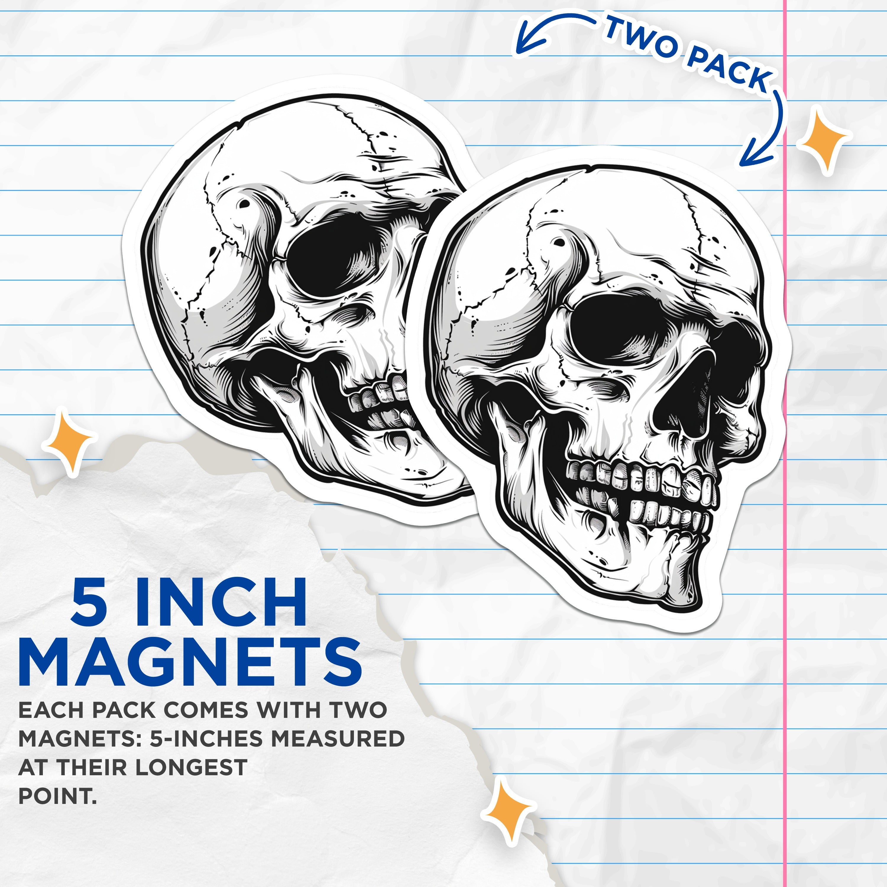 (2 Pack) Skull Magnets - Gothic Decor - Skeleton Art - Macabre Refrigerator Magnets - Halloween Home - 5 Inches On Longest Side - Thick Durable Magnet - Made in USA - MAG37465