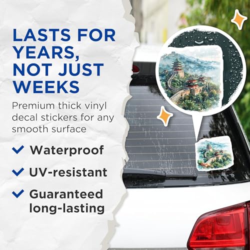 (2 Pack) Beautiful Landscape Stickers - Asian Temple Scene - Wall Art Stickers - Nature Scenery Stickers - 5" On Longest Side - Sticks to Smooth Flat Surfaces - Made in USA - BMCS5204