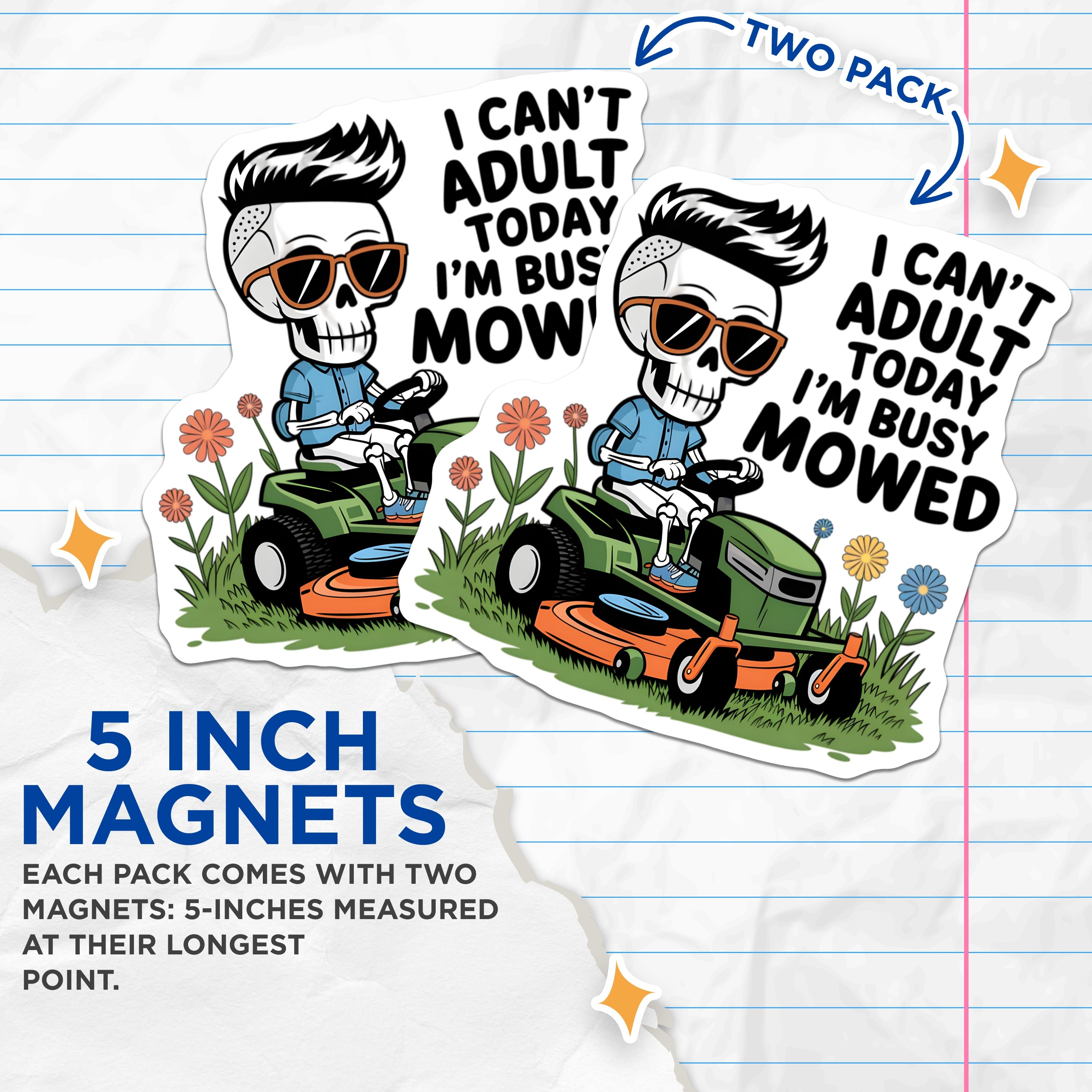 (2 Pack) Funny Lawn Mower Magnets - I Can't Adult Today Pun - Dad Humor Anti Adulting Decor for Men - 5 Inches On Longest Side - Thick Durable Magnet - Made in USA - MAG37980