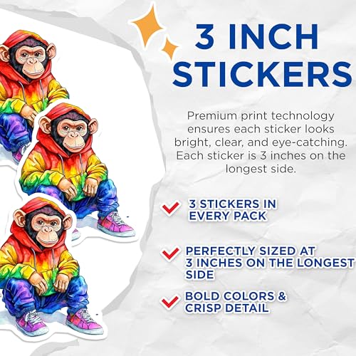 (3 Pack) Monkey Decals - Cool Ape Stickers - Laptop Decals - 3 Inches On Longest Side - Easy Peel & Apply - Made in USA - 3MCS8262