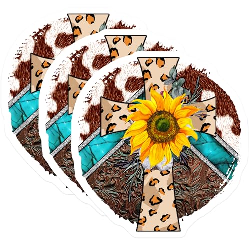 (3 Pack) Sunflower Cross Decals - Western Turquoise Decals - Leopard Print Decal - 3 Inches On Longest Side - Easy Peel & Apply - Made in USA - 3MCS4472