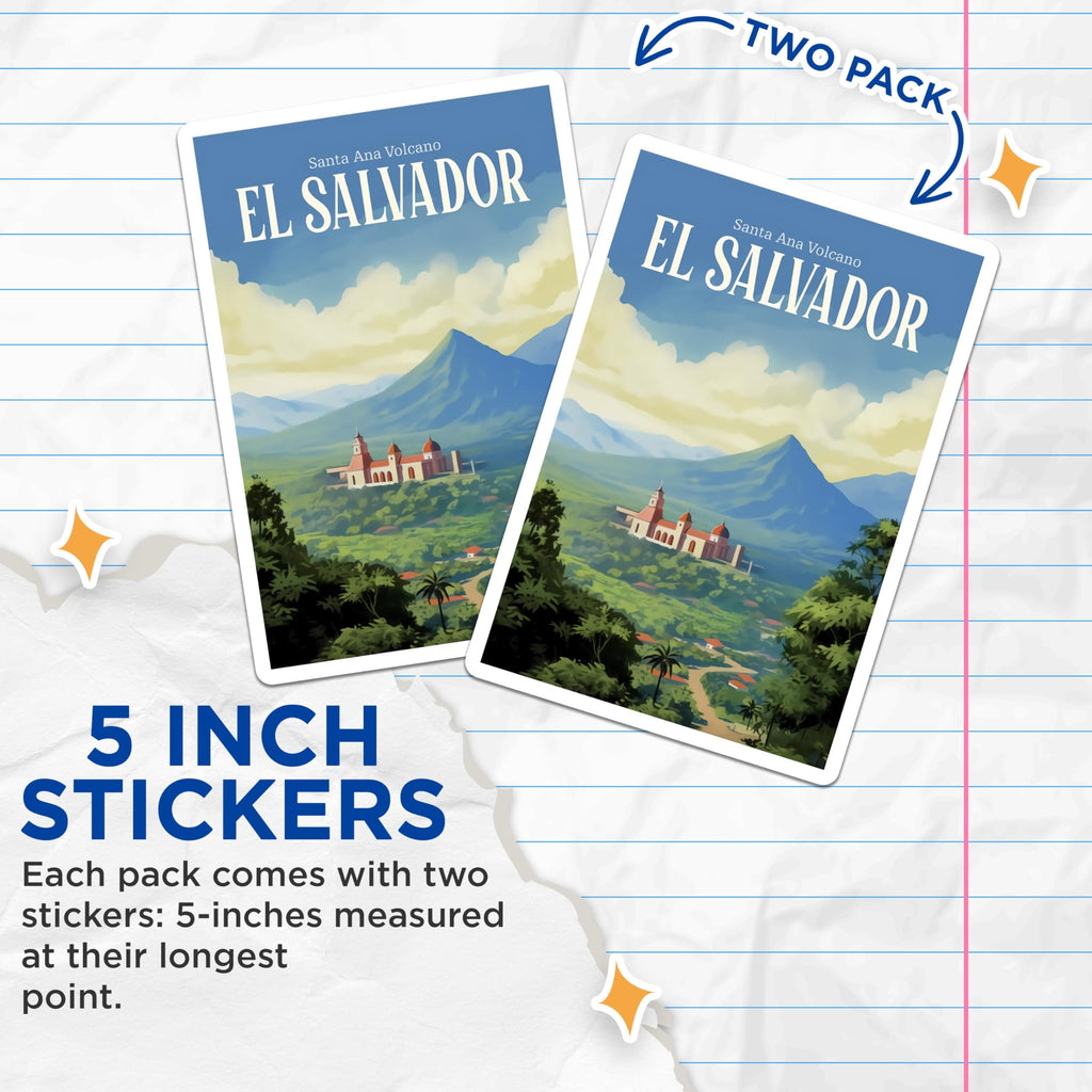 (2 Pack) El Salvador Stickers - Santa Ana Volcano - Travel Destination Stickers - 5" On Longest Side - Sticks to Smooth Flat Surfaces - Made in USA - BMCS18622