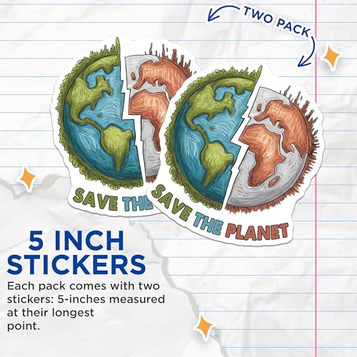 (2 Pack) Save The Planet Stickers - Earth Day - Environmental Awareness - 5" On Longest Side - Sticks to Smooth Flat Surfaces - Made in USA - BMCS7694