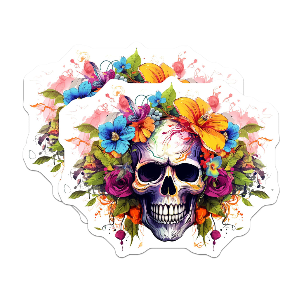 (2 Pack) Skull Art Stickers - Floral Skull Stickers - Colorful Skull Design Stickers - 5" On Longest Side - Sticks to Smooth Flat Surfaces - Made in USA - BMCS4241
