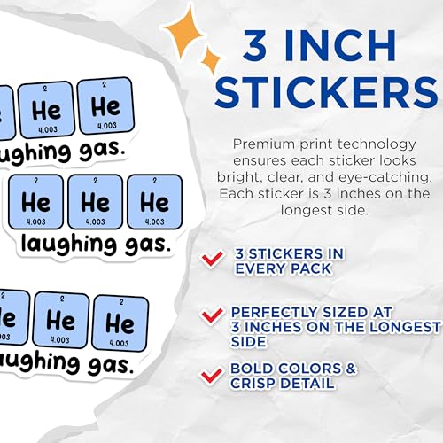 (3 Pack) Laughing Gas Decals - Science Pun - Funny Helium Element - 3 Inches On Longest Side - Easy Peel & Apply - Made in USA - 3MCS6788