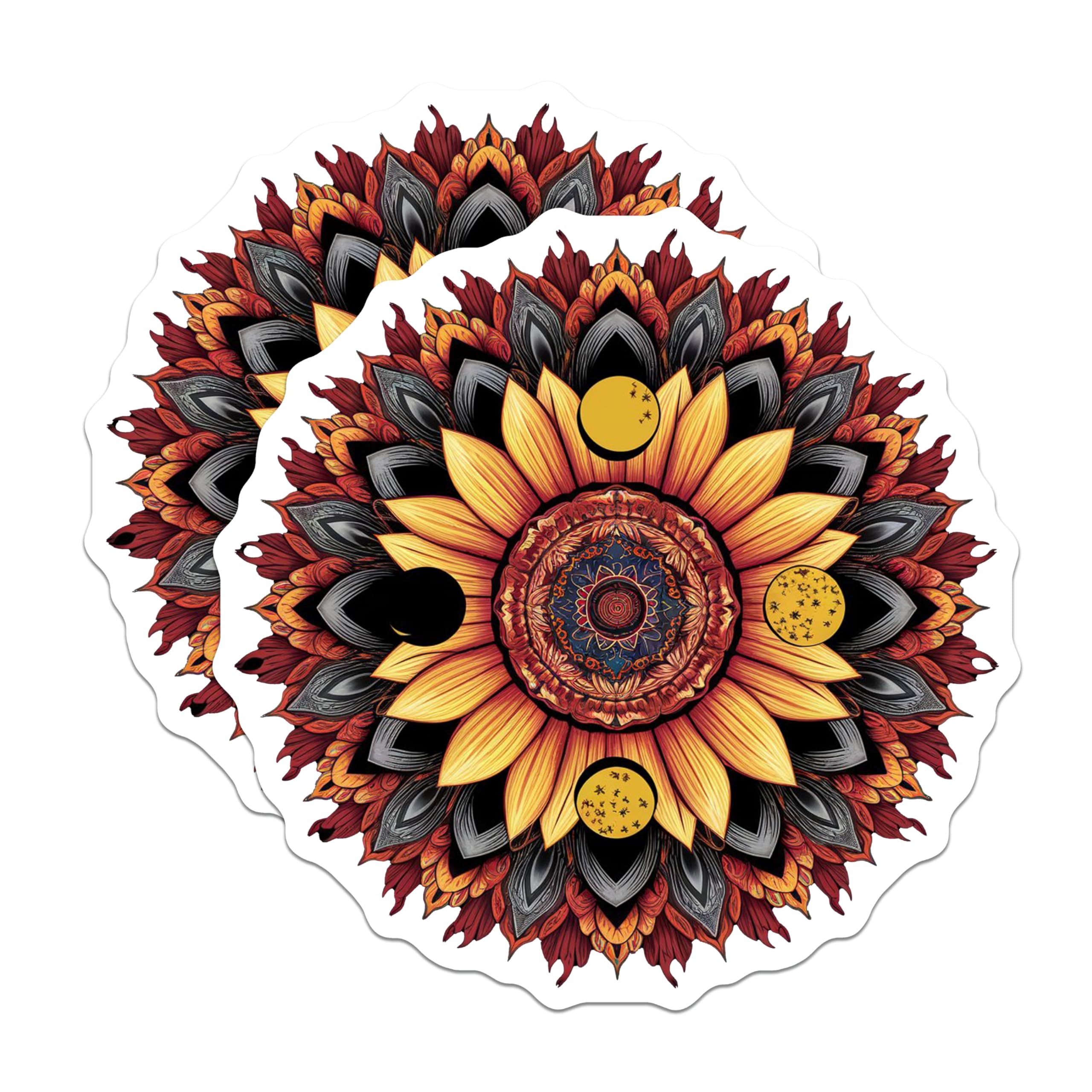 (2 Pack) Sunflower Mandala Magnets - Bohemian Decor - Floral Refrigerator Magnets - 5" On Longest Side - Premium Magnet - for Cars, Refrigerators, Toolboxes, Lockers - Made in USA - MAG15208