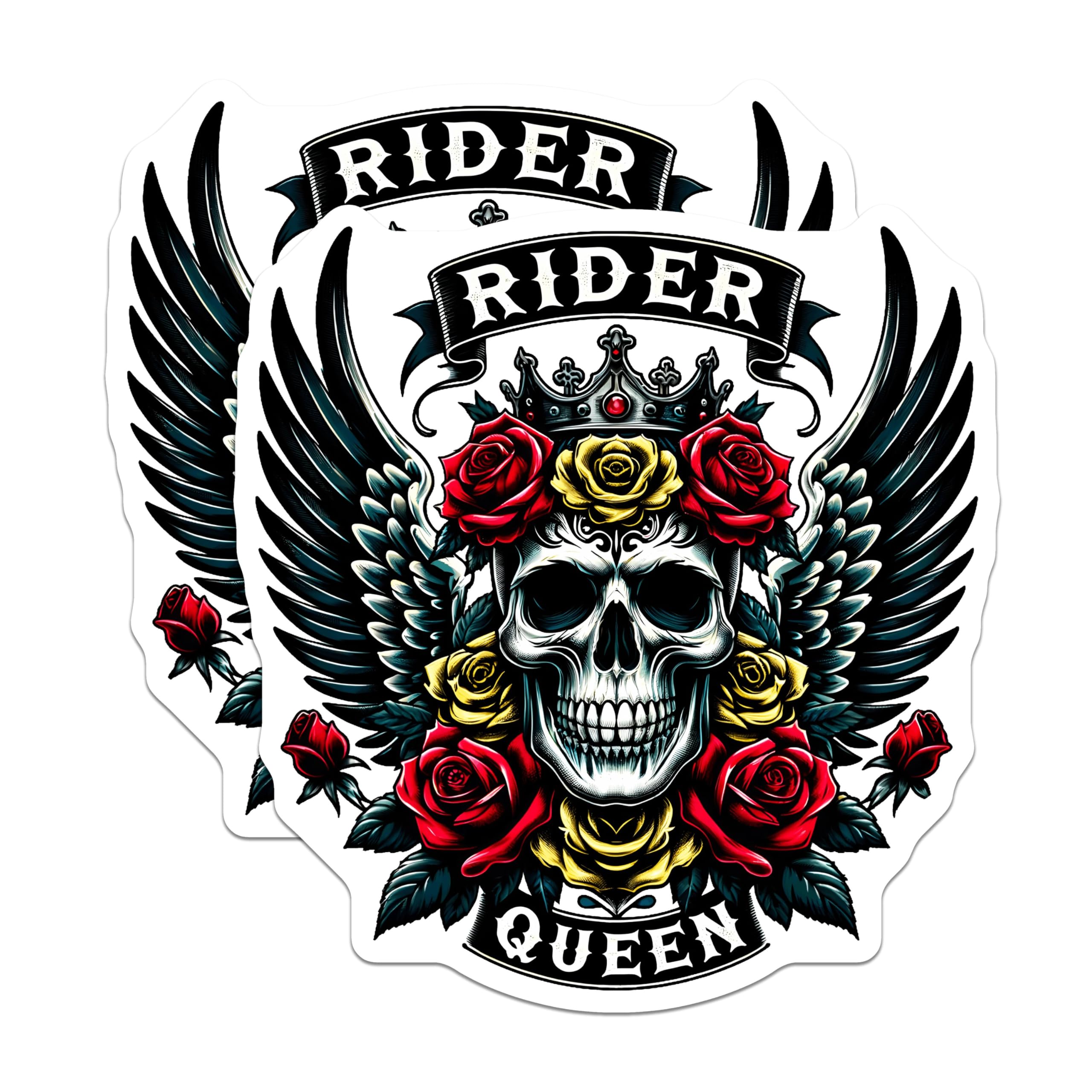 (2 Pack) Skull Rider Queen Stickers - Rose Tattoo Art - Motorcycle Helmet for Bikers - Rock and Roll - 5" On Longest Side - Sticks to Smooth Flat Surfaces - Made in USA - BMCS5279