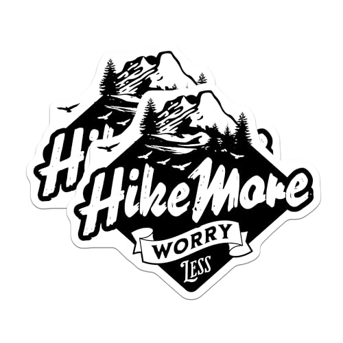 (2 Pack) Hike More Worry Less Stickers - Mountain Adventure Stickers - Outdoor Enthusiast Vinyl Stickers - 5" On Longest Side - Sticks to Smooth Flat Surfaces - Made in USA - BMCS6144