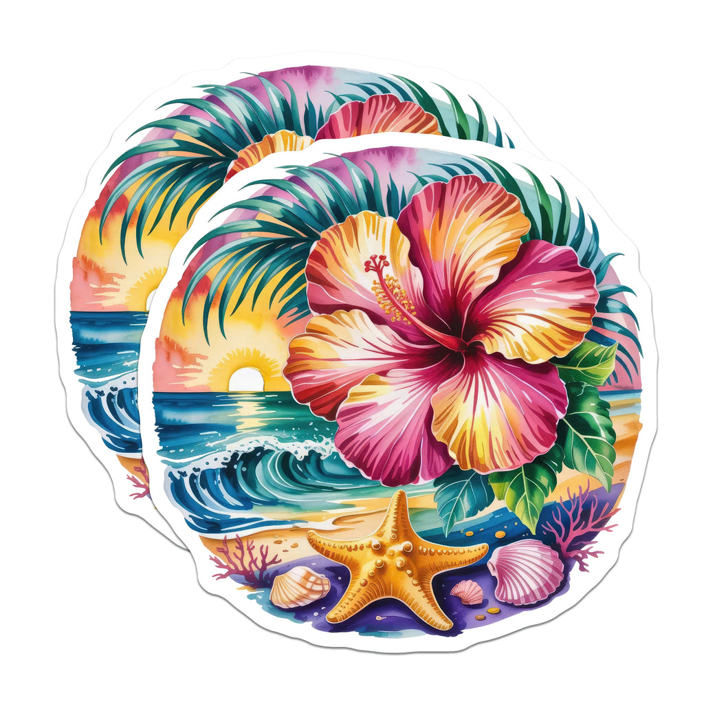 (2 Pack) Tropical Beach Sunset Magnets - Hawaiian Hibiscus Floral - Ocean Waves Coastal Decor - Sea Life Fridge Decor - 5" - Durable Magnet - Made in USA - MAG38630