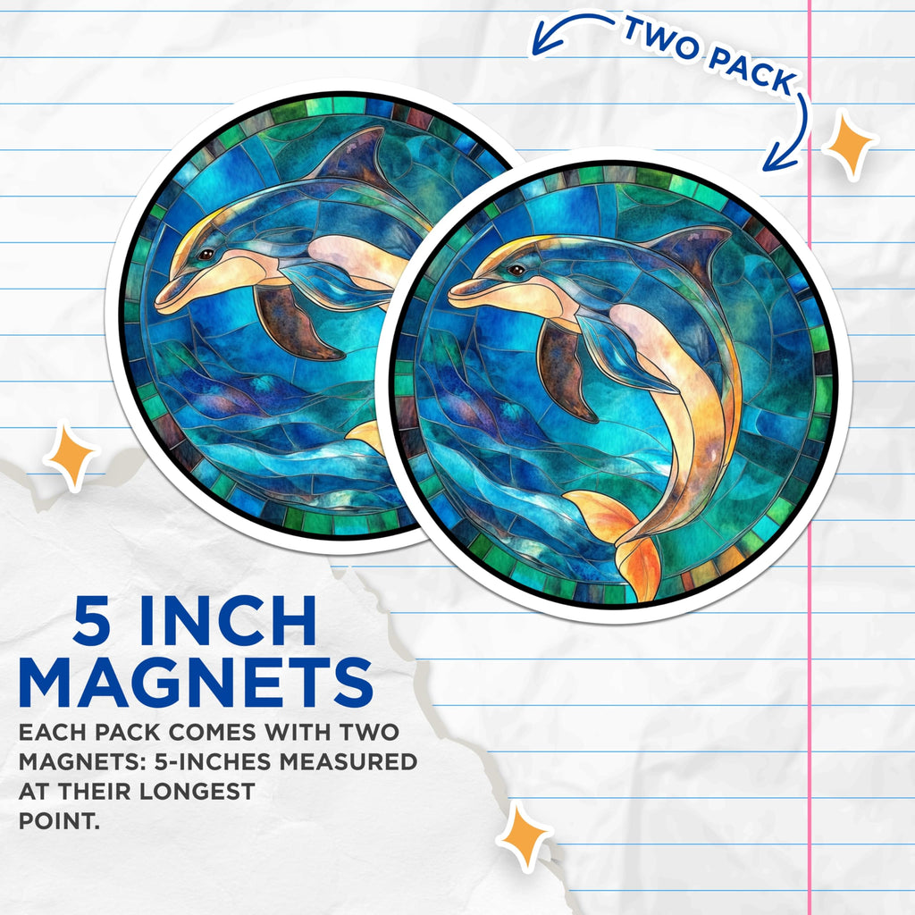 (2 Pack) Stained Glass Dolphin Magnets - Ocean Marine Life Decor - Artistic Fridge Accent for Coastal Home - 5 Inches On Longest Side - Thick Durable Magnet - Made in USA - MAG28850