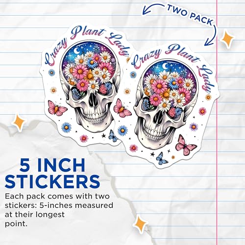 (2 Pack) Crazy Plant Lady Stickers - Skull with Flowers - Floral Skull Decal - Gardening Enthusiast - 5" On Longest Side - Sticks to Smooth Flat Surfaces - Made in USA - BMCS7375