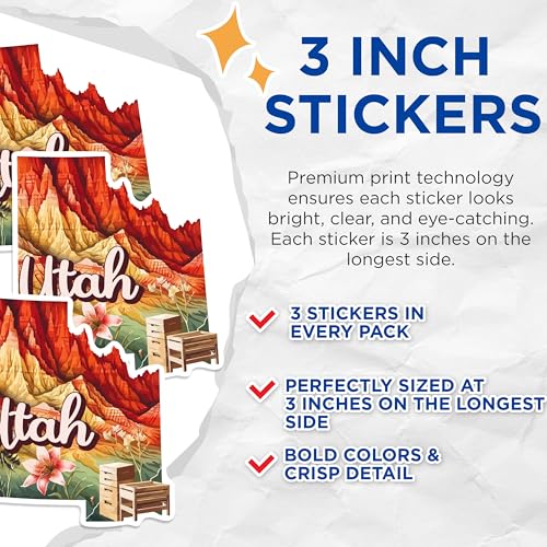 (3 Pack) Utah Decals - State Pride Stickers - Beehive State - 3 Inches On Longest Side - Easy Peel & Apply - Made in USA - 3MCS0172