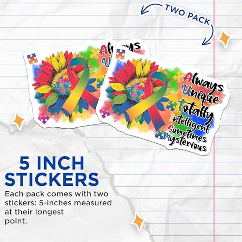 (2 Pack) Autism Awareness Stickers - Rainbow Sunflower Decal - Inspirational Quote Stickers - 5" On Longest Side - Sticks to Smooth Flat Surfaces - Made in USA - BMCS9691