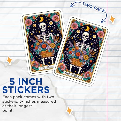 (2 Pack) Skeleton Florist Stickers - Gothic Floral Stickers - Night Sky Skeleton Art - 5" On Longest Side - Sticks to Smooth Flat Surfaces - Made in USA - BMCS5410