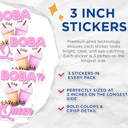 (3 Pack) Boba Queen Decals - Bubble Tea Stickers - Laptop Decal - 3 Inches On Longest Side - Easy Peel & Apply - Made in USA - 3MCS6510