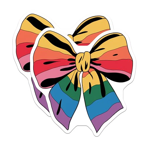 (2 Pack) Rainbow Bow Stickers - Colorful Bow Decal - Vibrant Bow Adhesive - 5" On Longest Side - Sticks to Smooth Flat Surfaces - Made in USA - BMCS8809