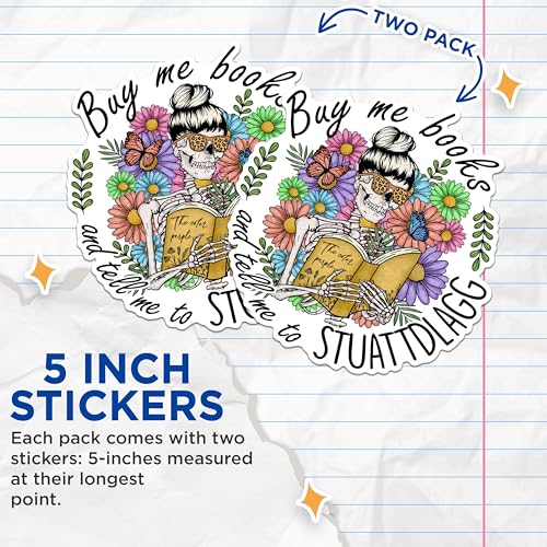 (2 Pack) Skeleton Reading Book Stickers - Cute Floral Skeleton Stickers - Funny Skull and Book Stickers - 5" On Longest Side - Sticks to Any Smooth Flat Surface - Made in USA - BMCS2870